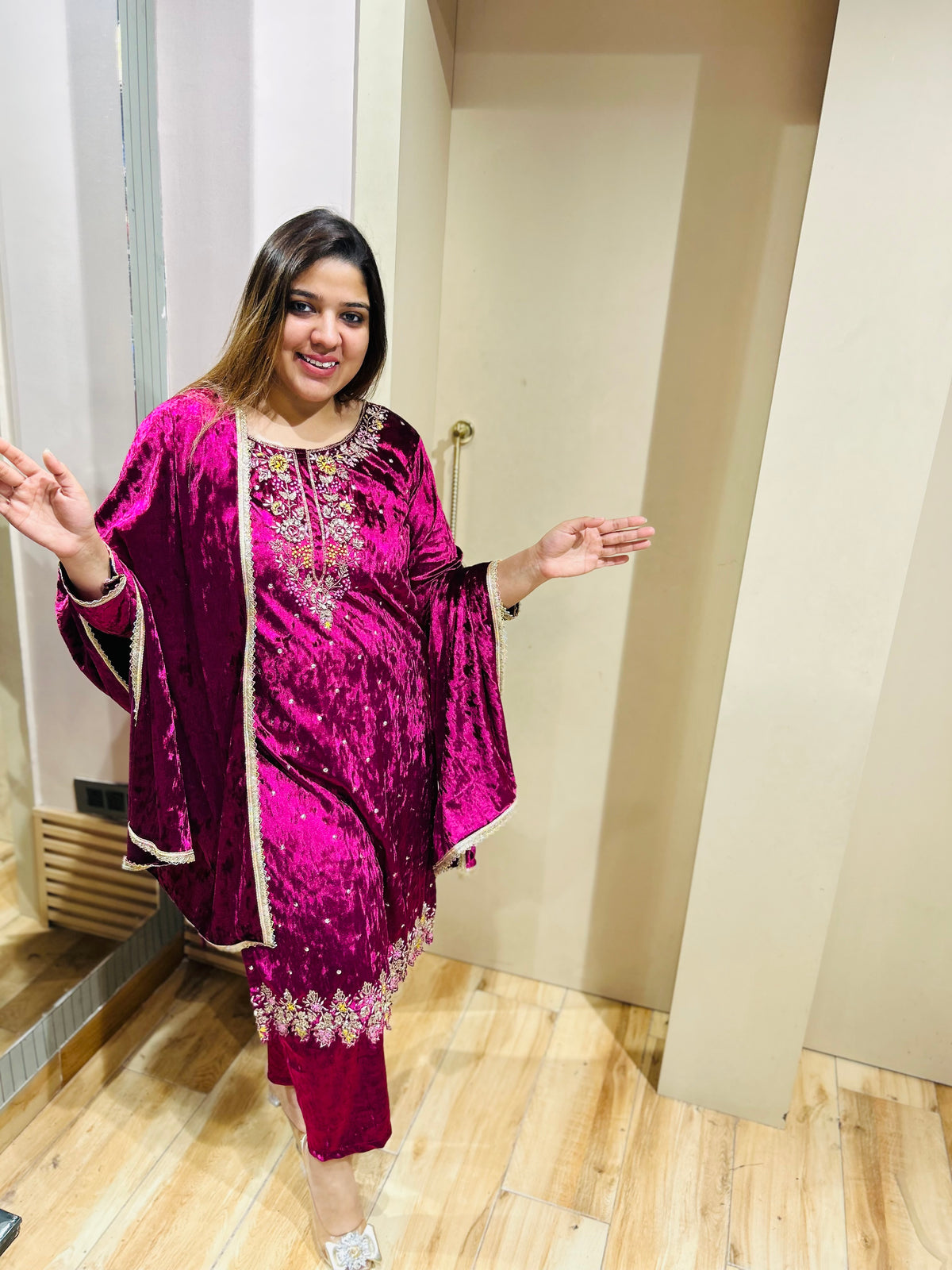 “PRIYA”- STITCHED PARTY WEAR VELVET THREE PIECE SUIT