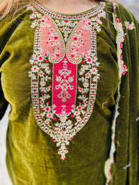 “MEHENDI” THREE PIECE STITCHED VELVET SUIT