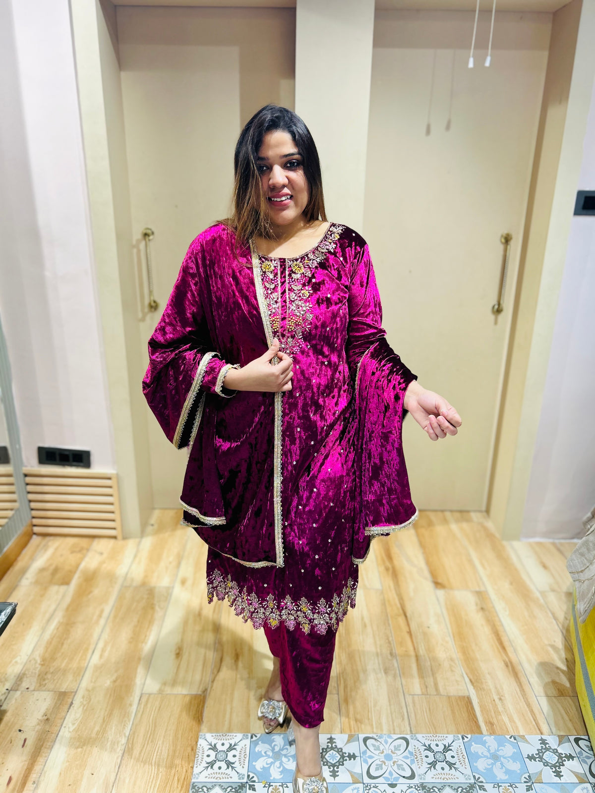 “PRIYA”- STITCHED PARTY WEAR VELVET THREE PIECE SUIT