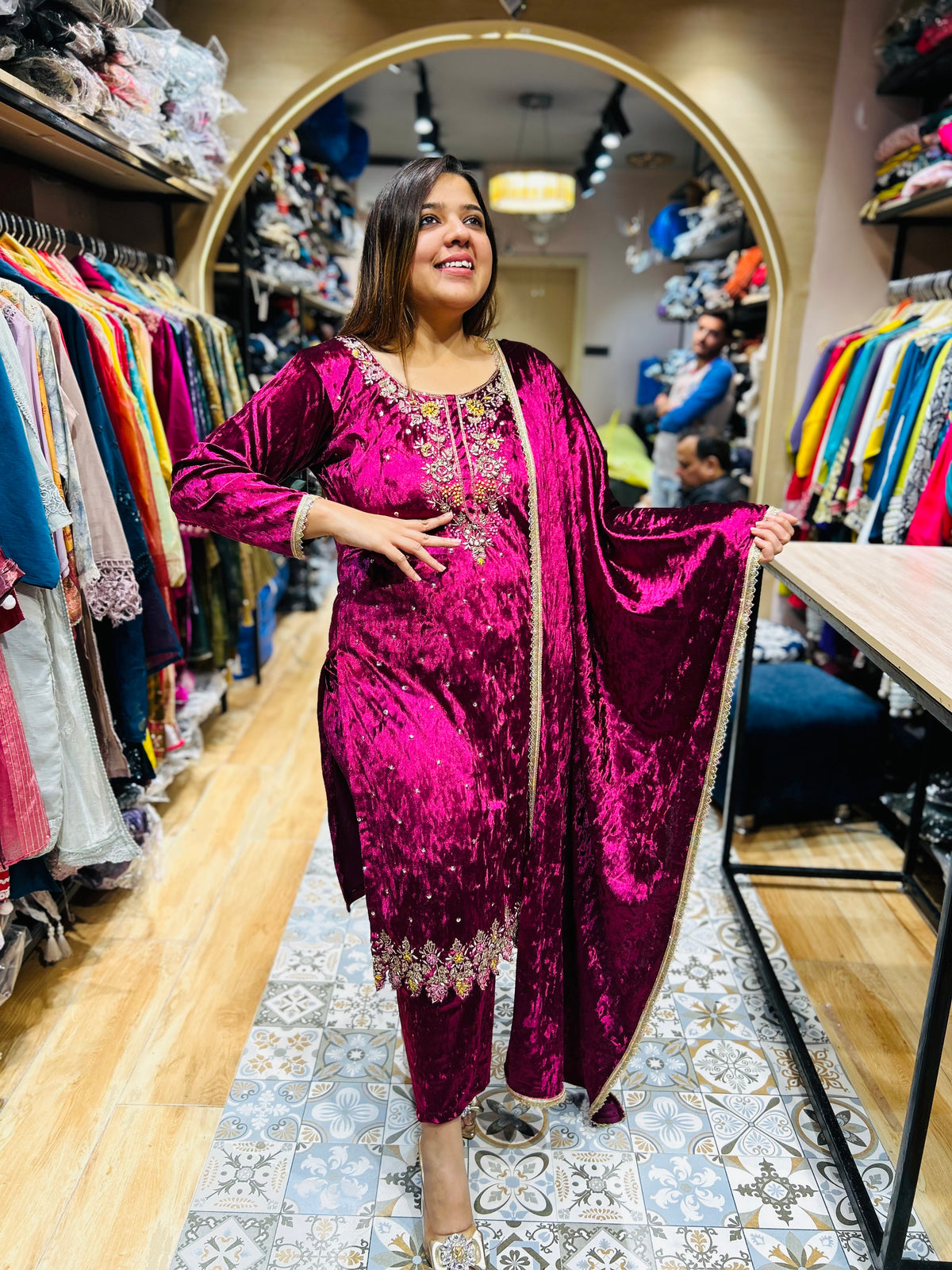 “PRIYA”- STITCHED PARTY WEAR VELVET THREE PIECE SUIT