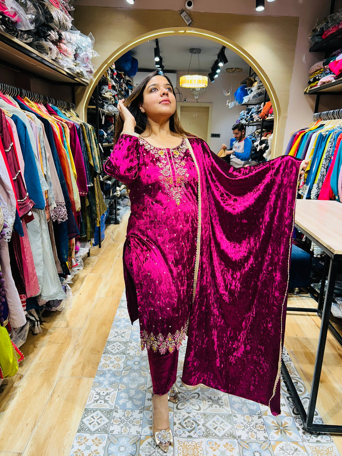 “PRIYA”- STITCHED PARTY WEAR VELVET THREE PIECE SUIT