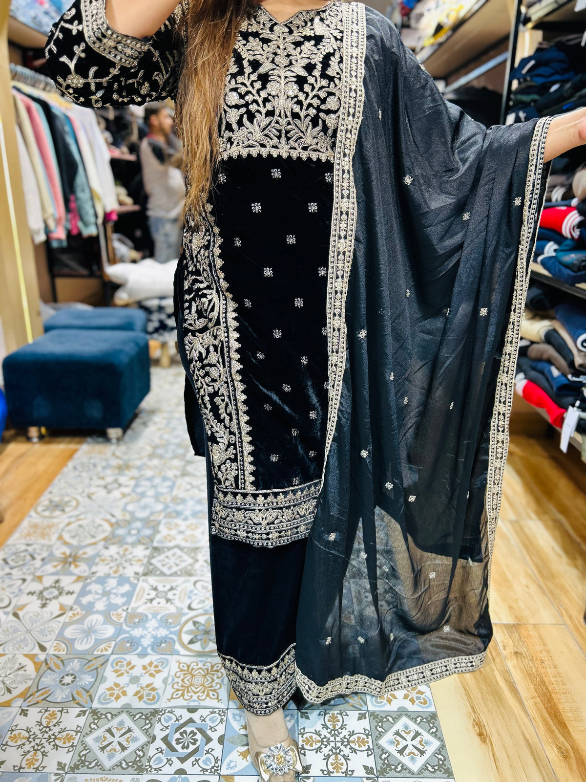 “RAZIA” - THREE PIECE EMBROIDERED STICHED SUIT