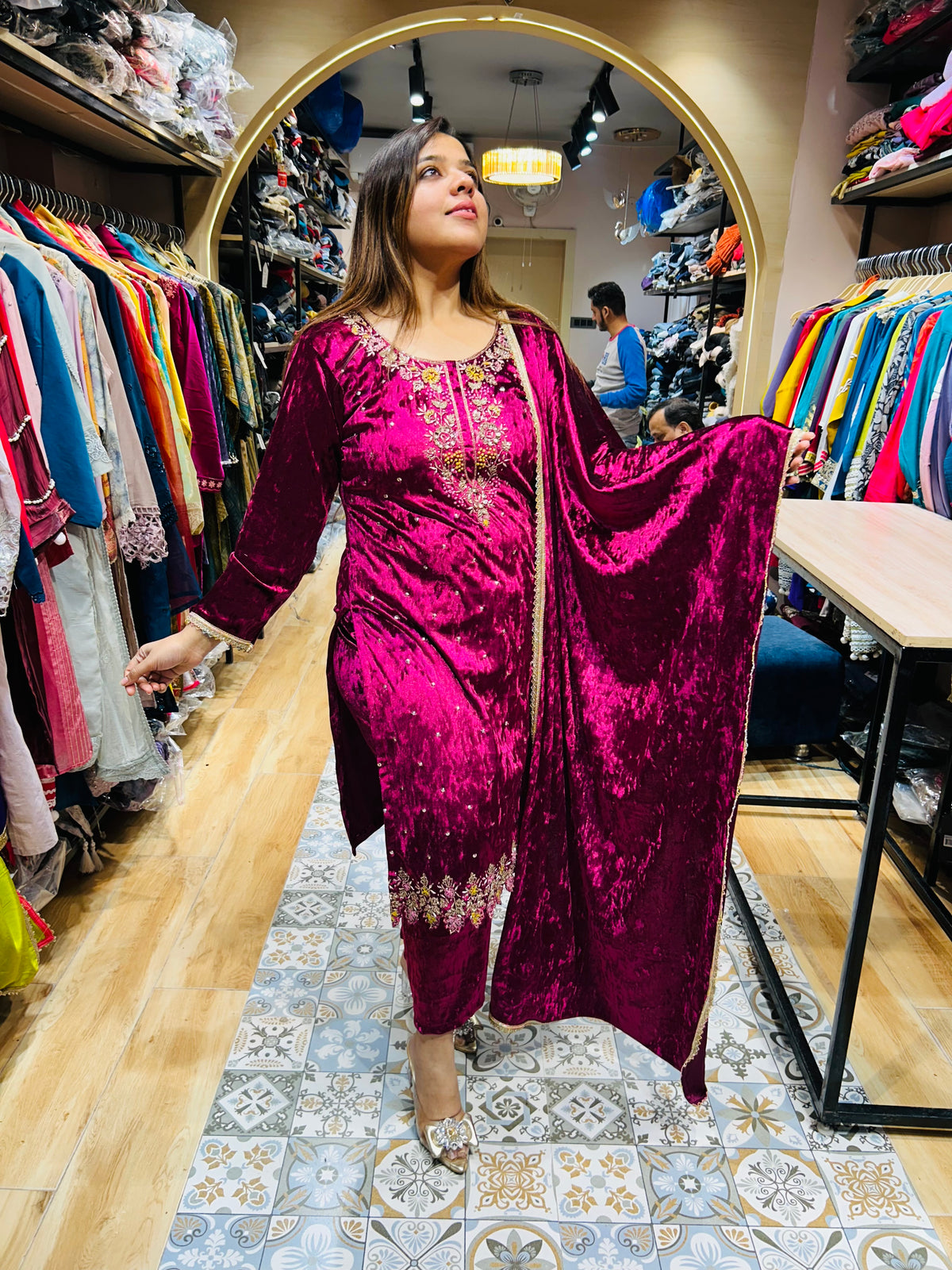 “PRIYA”- STITCHED PARTY WEAR VELVET THREE PIECE SUIT