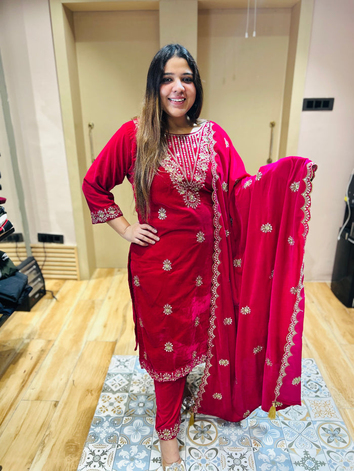 “MANIKA”- VELVET EMBROIDERED HEAVY THREE PIECE SET