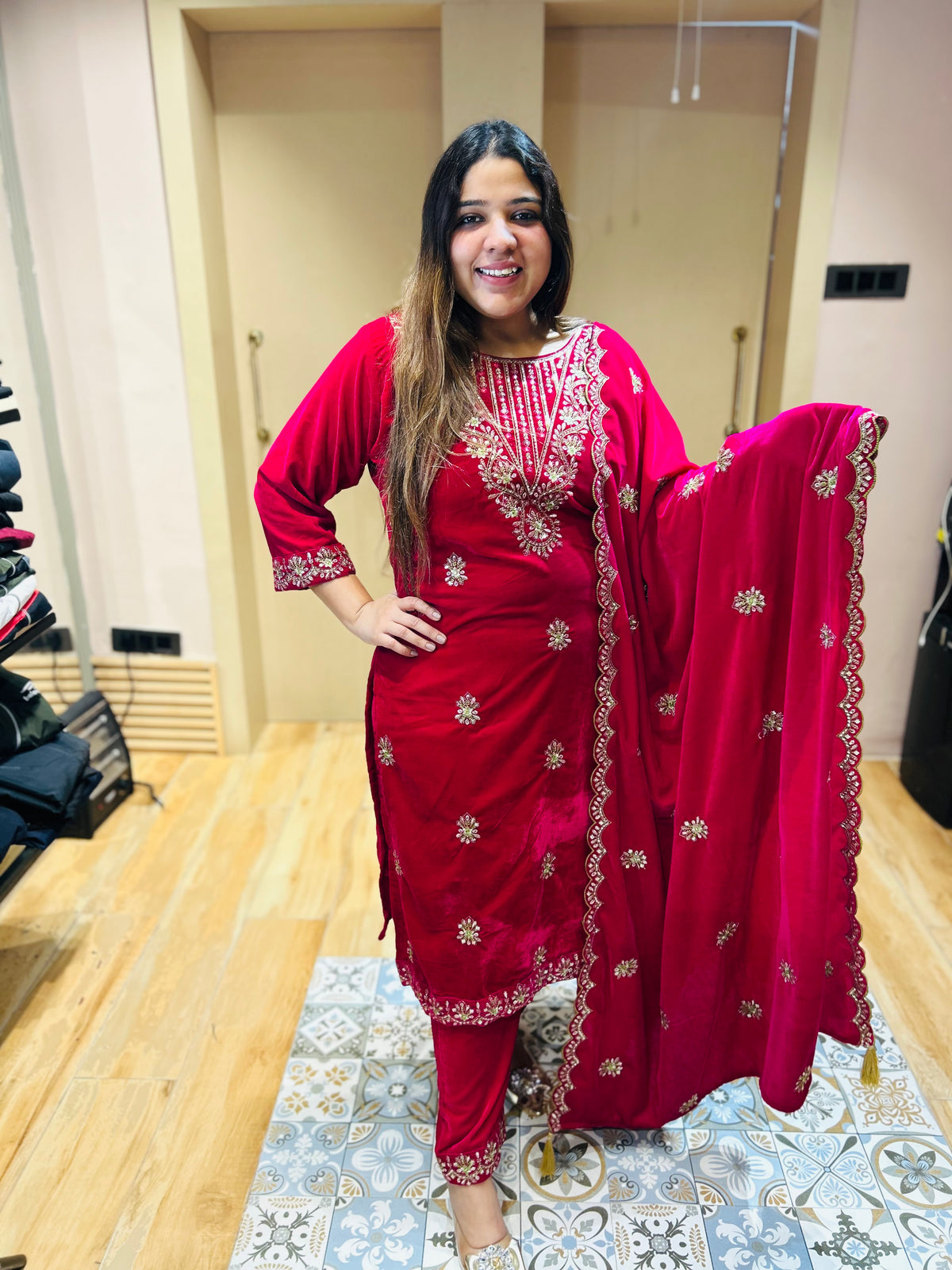 “MANIKA”- VELVET EMBROIDERED HEAVY THREE PIECE SET