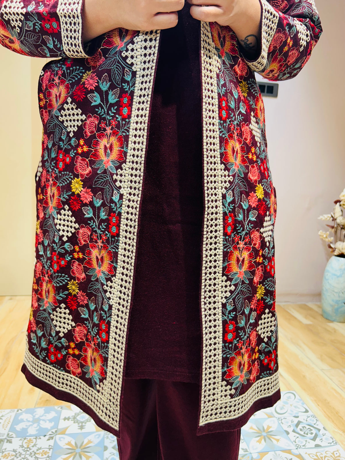 “HEERA” - EMBOIDERED THREE PIECE SHRUG SET