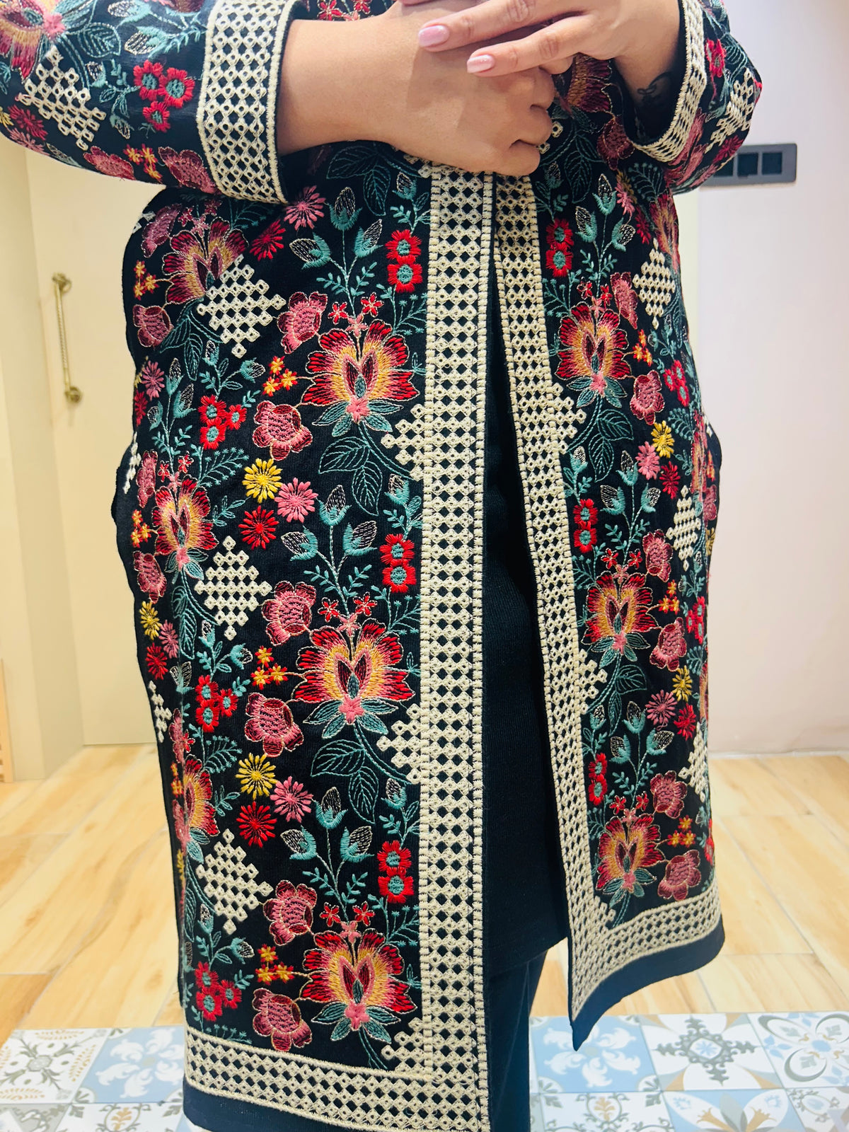 “HEERA” - EMBOIDERED THREE PIECE SHRUG SET